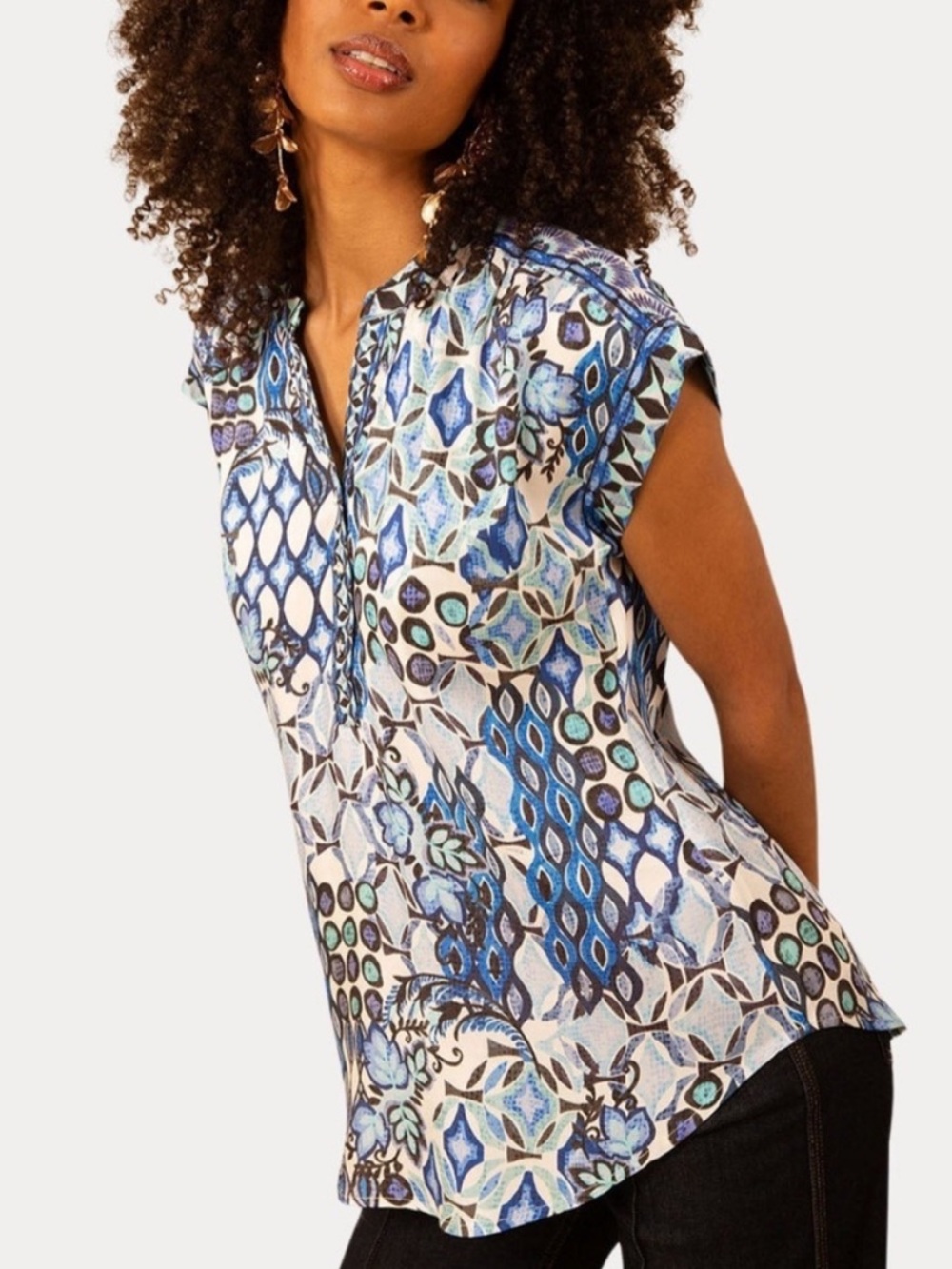 Hale Bob Blue Abstract Print Cap Sleeve Top Size Large 57258